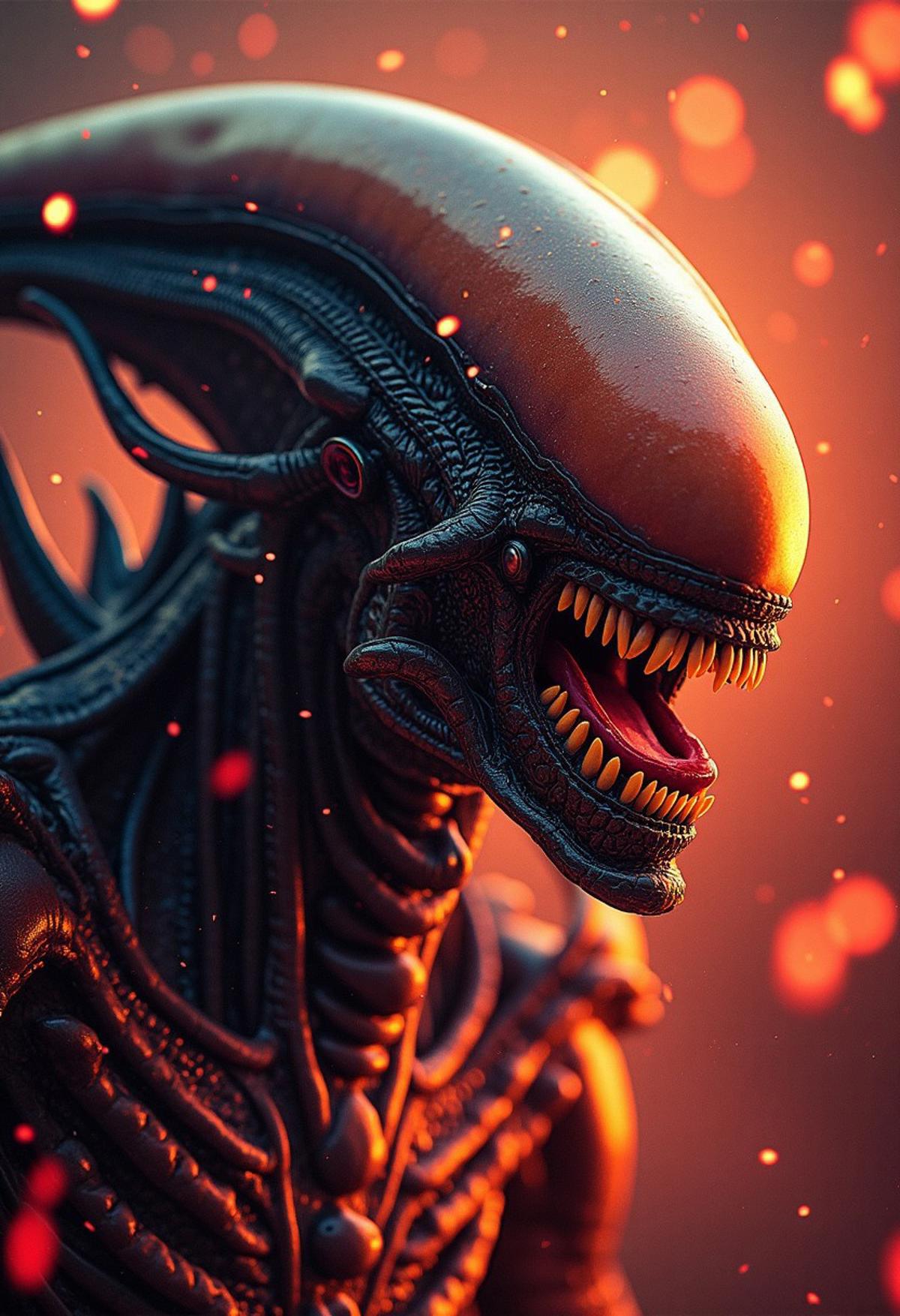 Design a 4k poster featuring a complex Xenomorph theme with a detailed front view headshot of a Xenomorph raged with anger with acid flares flying everywhere, --q 200 --glitch 500.