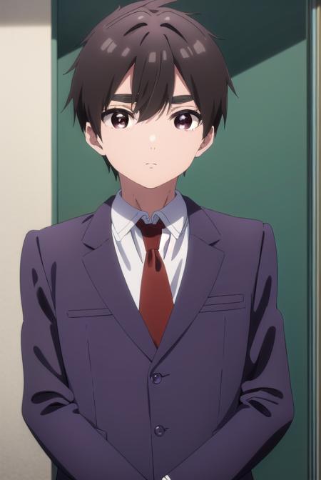 rentarouaijou, <lora:rentarou aijou s1-lora-nochekaiser:1>,
rentarou aijou, black hair, (brown eyes:1.3), thick eyebrows, short hair, hair between eyes,
BREAK school uniform, necktie, formal, suit, red necktie,
BREAK indoors, classroom,
BREAK looking at viewer, (cowboy shot:1.5),
BREAK <lyco:GoodHands-beta2:1>, (masterpiece:1.2), best quality, high resolution, unity 8k wallpaper, (illustration:0.8), (beautiful detailed eyes:1.6), extremely detailed face, perfect lighting, extremely detailed CG, (perfect hands, perfect anatomy),