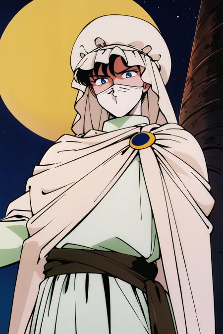 Moonlight Knight,1990s \(style\),retro artstyle,turban,blue eyes,mouth mask,weapon,