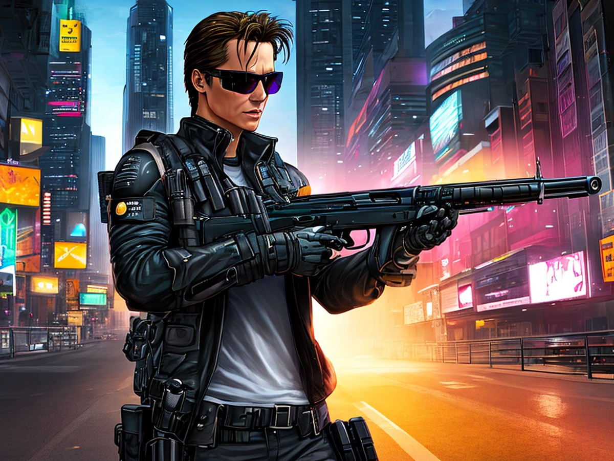 masterpiece, best quality, realistic, the terminator wearing a sunglasses, holding a shotgun at a cyberpunk night city, BR...