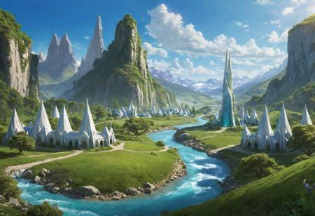 An elven village surrounded by white monoliths surging with magic at the bottom of green hills with a river running through it, clear blue skies in the background, by Thomas Kincade, Richard Sigamani, 8k photorealistic, cinematic lighting, HD, high details, dramatic, trending on artstation" -W 768 -n 5 -i -S 1133104360