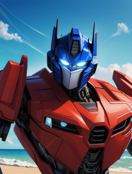 best quality, masterpiece, highres, detailed, digital artwork, <lora:Detail - add_detail:0.2>, OptimusPrime, blue eyes, robot, red body, blue head, glowing eyes, ocean, beach, upper body,  <lora:Character - OptimusPrime:0.8>