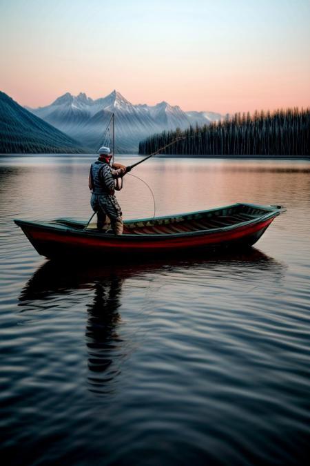 masterpiece, best quality, ultra-detailed, realistic, 8k, RAW photo, distant-view, (fisherman fishing troubles on small boat in the middle of the lake, small fish were flying on the water around the fisherman:1.37), eagle on distant trying to catch the fish, emphasize some little birds flying around, award winning realistic photography, morning, a bit cloudy, scenery photography, perfect shadow, perfect natural lighting, rich colors, perfect composition, perfect colors, flawless complexion photo, perfect intricate detailed, lakes, surreal, lifelike, real life scenery photo, top quality, trending on artstation, meadows, glitter, prettiest landscape, all kinds of flowers, fantastic, stunning, outstanding, finding nemo, breathtaking beautiful nature photo, out-of-this-world scenery, perfect reflection on water, depth of field, fisherman best day, detailerlora,