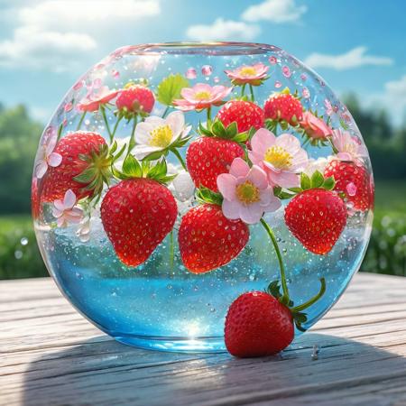 A beautiful pink red strawberry in 3D lies in a beautiful round glass in the transparent clear water, many iridescent air bubbles stick to the strawberry that glows from the inside, next to it lie delicate white and pink strawberry flowers with dew drops on a white antique wooden table, morning dew on the glass, in the background there is a bright blue sky with fluffy white clouds, professional photography, trending on artstation, breathtaking beauty, sharp focus, highly detailed