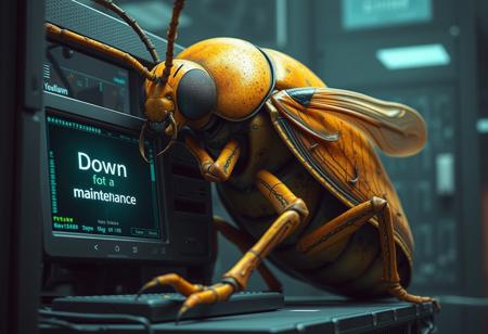 a huge anthropomorphic bug fixing a broken computer server, screen says "down for maintenance", hyper-realistic