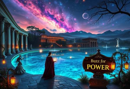 A mystical landscape at twilight, centered around a glowing crystal lake reflecting vibrant nebulae and distant galaxies. Grand marble columns and statues reminiscent of Italian architecture line the shores, adorned with glowing vines. Towering bioluminescent trees with ornate branches softly illuminate the scene, while terraced villas and cascading fountains, inspired by Tuscany, rise in the distance. Iridescent mountains blend with the luminous clouds above, creating a dreamlike horizon.
In the foreground, a figure in flowing robes reminiscent of Renaissance nobility stands on a stone piazza leading to the lake. Around them, floating orbs of light and ancient runes circle as they weave a magical spell. Nearby, an elegant wooden sign made from polished mahogany, with intricate scrollwork and gilded edges, reads ‘BUZZ for POWER’ in glowing calligraphy, perched atop a stone pedestal. Golden lanterns sway in the gentle breeze, adding warmth to the serene atmosphere. The entire scene is a fusion of otherworldly beauty and timeless Italian elegance, where nature, art, and magic blend in perfect harmony