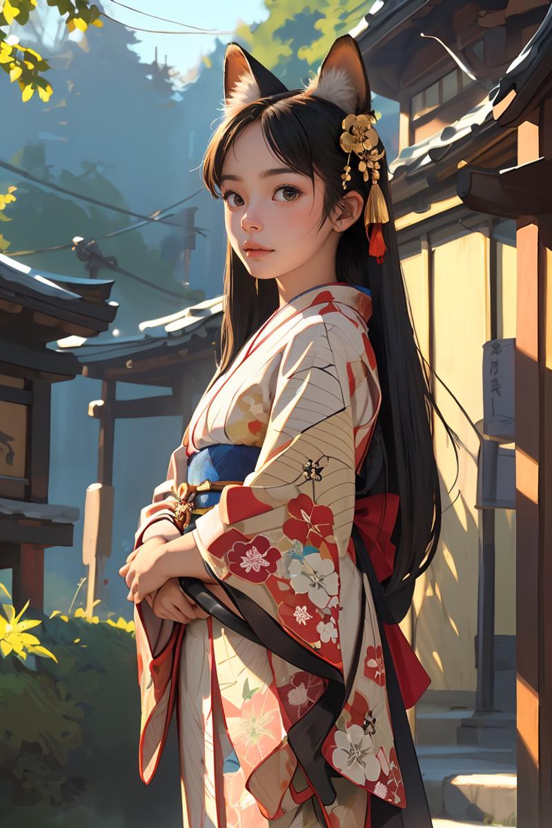 Anime drawing of a woman wearing a kimono, standing in front of a building.