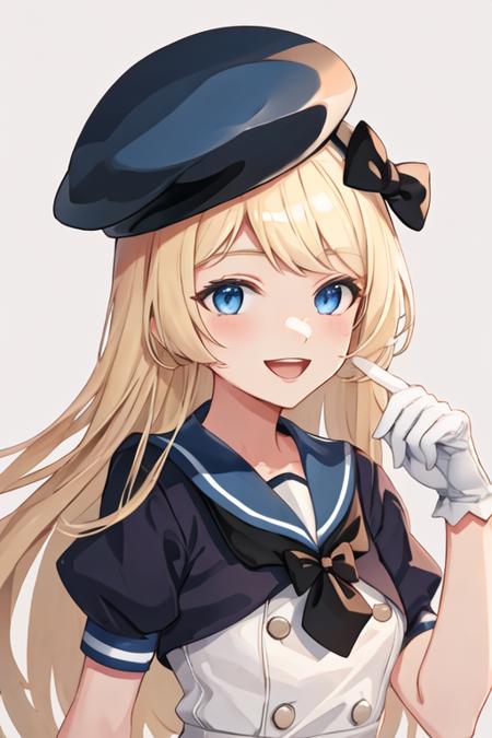 best quality, masterpiece, highres, solo, {jervis_kantaicollection:1.15}, blonde_hair, long_hair, blue_eyes, hat, white_headwear, sailor_hat, smile, open_mouth