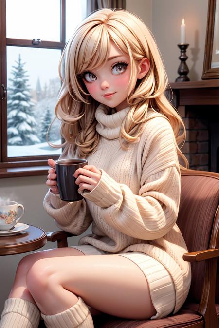 (masterpiece,High quality,best quality:1.4), (sharp phocus, soft light, soft shadows, bold lines, clarity), nsfw, teen girl, beautiful face, warmth, cozy atmosphere, night, knitted sweater, knitted knee socks, fireplace, sitting in an armchair, a mug of hot coffee in hands, snowfall outside the window, bare legs, soft smile, blush, long thick eyelashes, a loving look, <lora:DetailedEyes_V3:0.8>,  <lora:more_details:0.7>