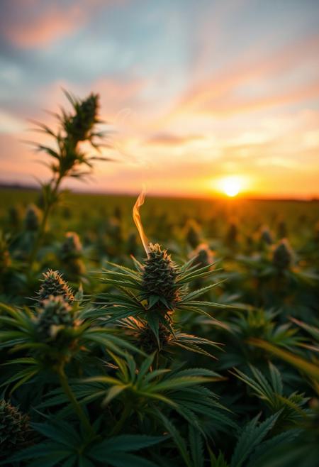 vibrant cannabis field, (lush green leaves:1.4), (sunset glow:1.2) casting warm light over the plants, (detailed textures:1.5), smoke swirling softly in the air, (cannabis buds:1.3) glistening with trichomes, peaceful and serene atmosphere, (natural light:1.4), wide field stretching into the distance, (colorful sky:1.2) with shades of pink and orange, (high-definition:1.6), (ultra-realistic textures:1.5), close-up details of cannabis plants, (soft focus in the background:1.2), modern, laid-back aesthetic, perfect for a cannabis culture feature, chill and relaxed vibe, (overexposed:-1.4), (unnatural colors:-1.5), (blurry:-1.6), (low-resolution:-1.7), (harsh lighting:-1.5), (distorted textures:-1.6)