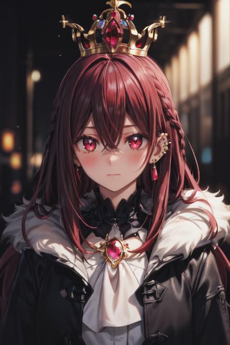 red eyes,red hair,crown,jewelry,solo,long hair,gem,looking at viewer,earrings,hair between eyes,1girl,bangs,blurry,red gemstone,blurry background,closed mouth,fur trim,upper body,brooch,blush,tassel,piercing,coat,depth of field,necklace,expressionless,ear piercing,light particles,sidelocks,braid,