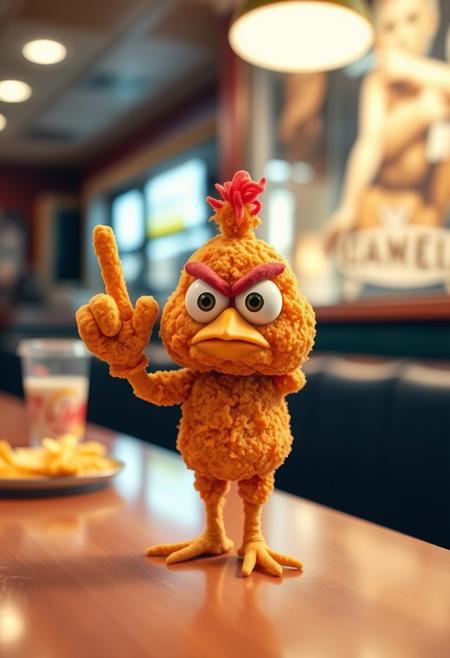 Angry chicken nugget with large eyes standing on fastfood diner table showing middle finger, blurry diner background