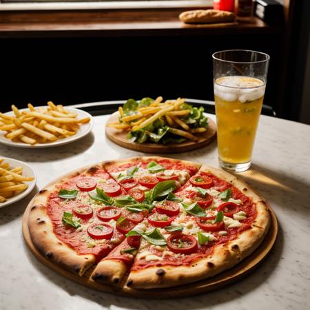 RAW photo, photo of pizza, dinner, drink, fries, burgers, salad, subject, 8k uhd, dslr, soft lighting, high quality, film grain, Fujifilm XT3