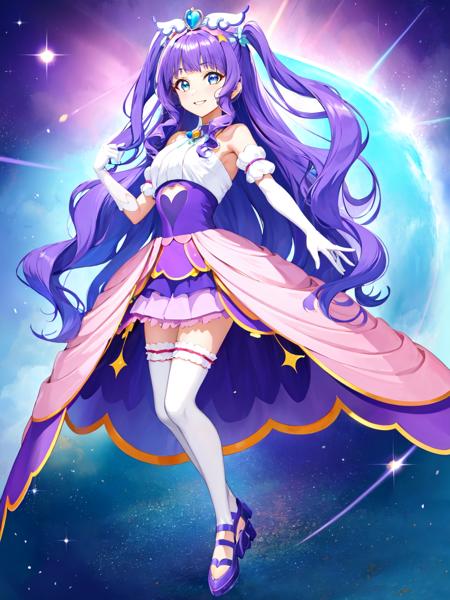 cure majesty purple hair, two side up, hair ornament, elbow gloves, frilled thighhighs