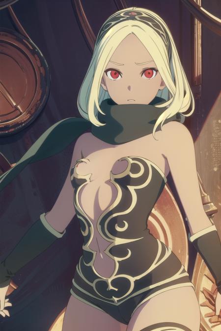 gravity rush kat, long hair, blonde hair, (red eyes:1.3), hairband, dark skin, dark-skinned female, bare shoulders, scarf, leotard, strapless, vambraces, black scarf, leg warmers,