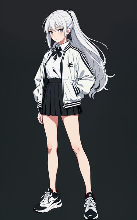 cool,(an extremely delicate and beautiful girl), 8k wallpaper, ((masterpiece)),(((best quality))), ((ultra-detailed)),1gril,solo,fullbody,white hair,long hair,collared jacket,miniskirt,sneakers,simple background,tachi-e, <lora:tarou2_v2:0.7> <lora:beautifulDetailedEyes_v10:0.2:face>,