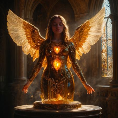 A cinematic masterpiece. Here's an improved photograph:
In a warm, golden light, the amber fragment sits atop a ornate, antique pedestal in a grand, Gothic-style church. The Dutch angle captures the subtle curves of the angelic girl's body, as she stands in a flowing bodysuit and long hair cascades down her back. Her head tilts slightly, with bangs framing her closed mouth. Her gaze is serene, focusing on something unseen.
The amber fragment itself glows softly, showcasing its intricate patterns and inclusions. The Human Heart inside appears suspended in time, surrounded by a delicate, lace-like pattern of striations and organic fragments. The overall composition draws the viewer's eye to the heart, while the girl's pose and the church's architecture add depth and context.
The image is presented in stunning 4K resolution, with an impressive level of detail that invites the viewer to step into this captivating scene.
