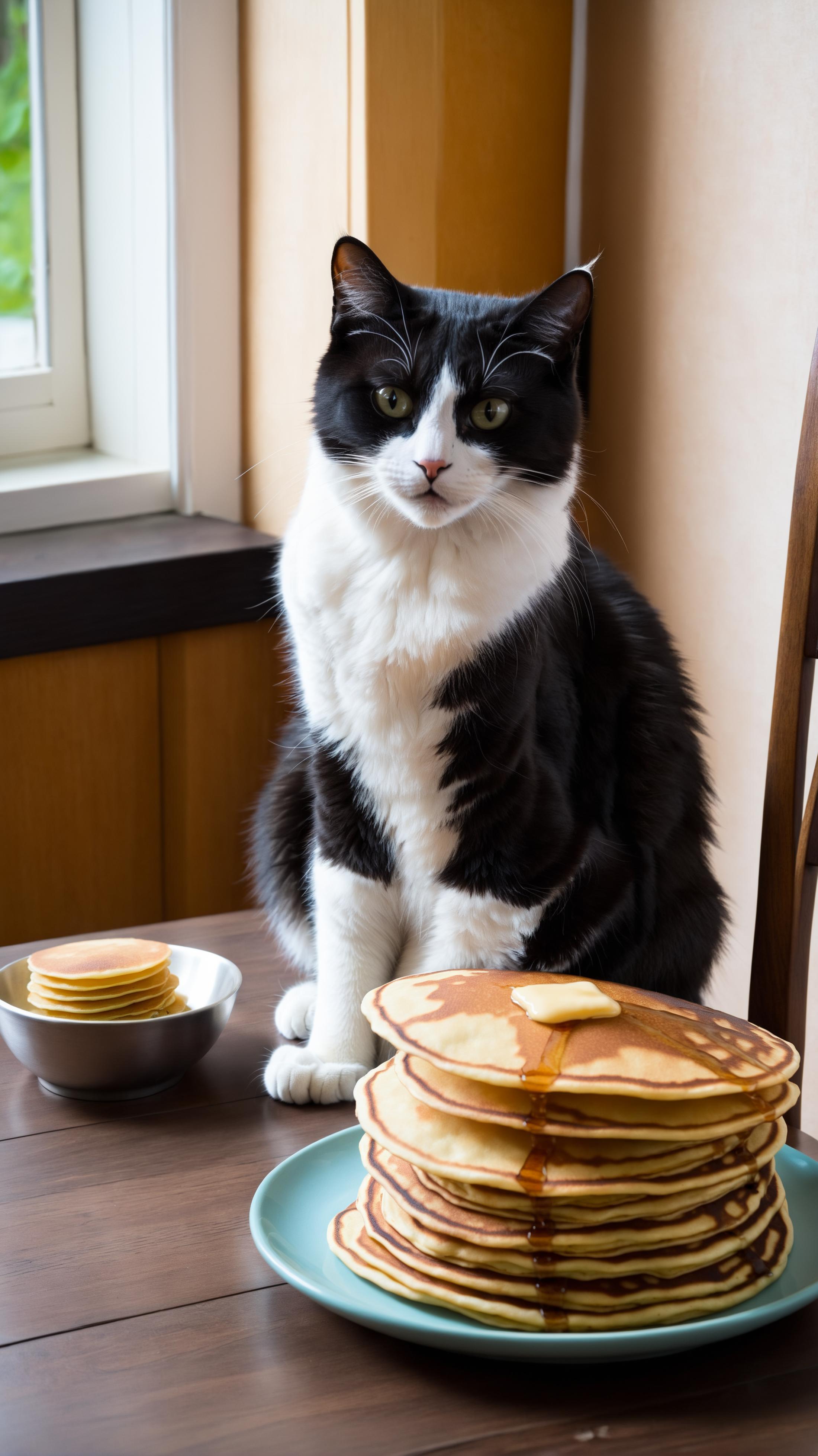 A black and white cat sitting on a table next to a stack of pancakes.