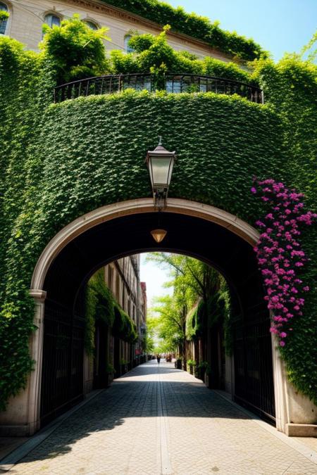 City Covered in Vines and Flowers: Colorful blooms, sweet scents, and a world where nature took over.