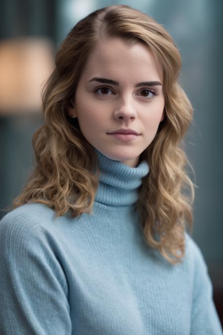 headshot of beautiful emmawats0n with a soft smile, wearing a (light blue turtleneck sweater), in an elegant restaurant, sharp focus, looking at the camera, realistic matte skin, cinematic style, dark moody ambiance, <lora:offset_0.2:0.3> <lora:emmawats0n:1>