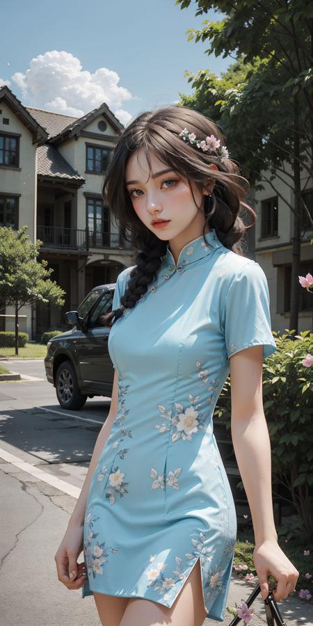 <lora:ChinaDressStyle1_Remake:0.8>, 1girl, white short china dress, short sleeves, thighs, long hair, twin braids, upper body, standing, (cowboy shot),(masterpiece, high quality, best quality), (colorful),(delicate eyes and face), volumatic light, ray tracing, extremely detailed CG unity 8k wallpaper,solo, ((flying petal)), outdoors, town, path, ((flower)), sunshine, blue sky, clouds, houses, (cathedral), green plants,