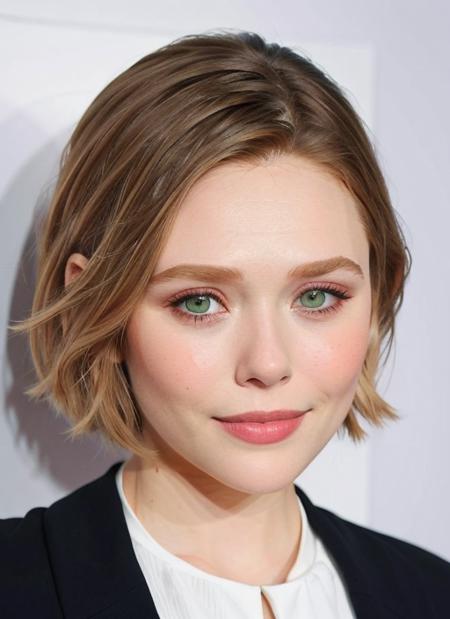 best quality, elizabeth_olsen, 1girl, solo, short hair, looking at viewer, smile, green eyes, lips, portrait, realistic, simple background,