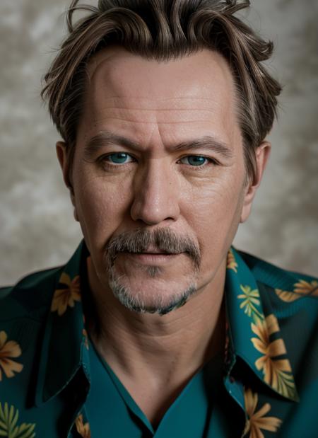 (<lora:GaryOldman:1>) a close up Portrait photo of (go1) man with goatee, Detailed face, (perfect eyes), (highly detailed skin:1.1), perfect body, wearing a ((Hawaiian shirt)), Modelshoot style, Professional Photography, soft lighting, PHOTOREALISTIC, Realistic, standing in a dark studio background, blurred background, volumetric fog,. RAW, analog style, sharp focus, 8k, HD, DSLR, high quality, Fujifilm XT3, film grain, award winning, masterpiece,