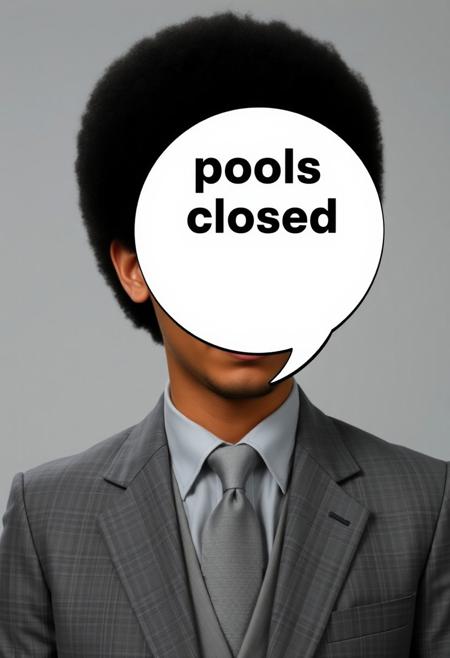text bubble:"pools closed" warns a nicely dressed man in a gray suit with a large afro