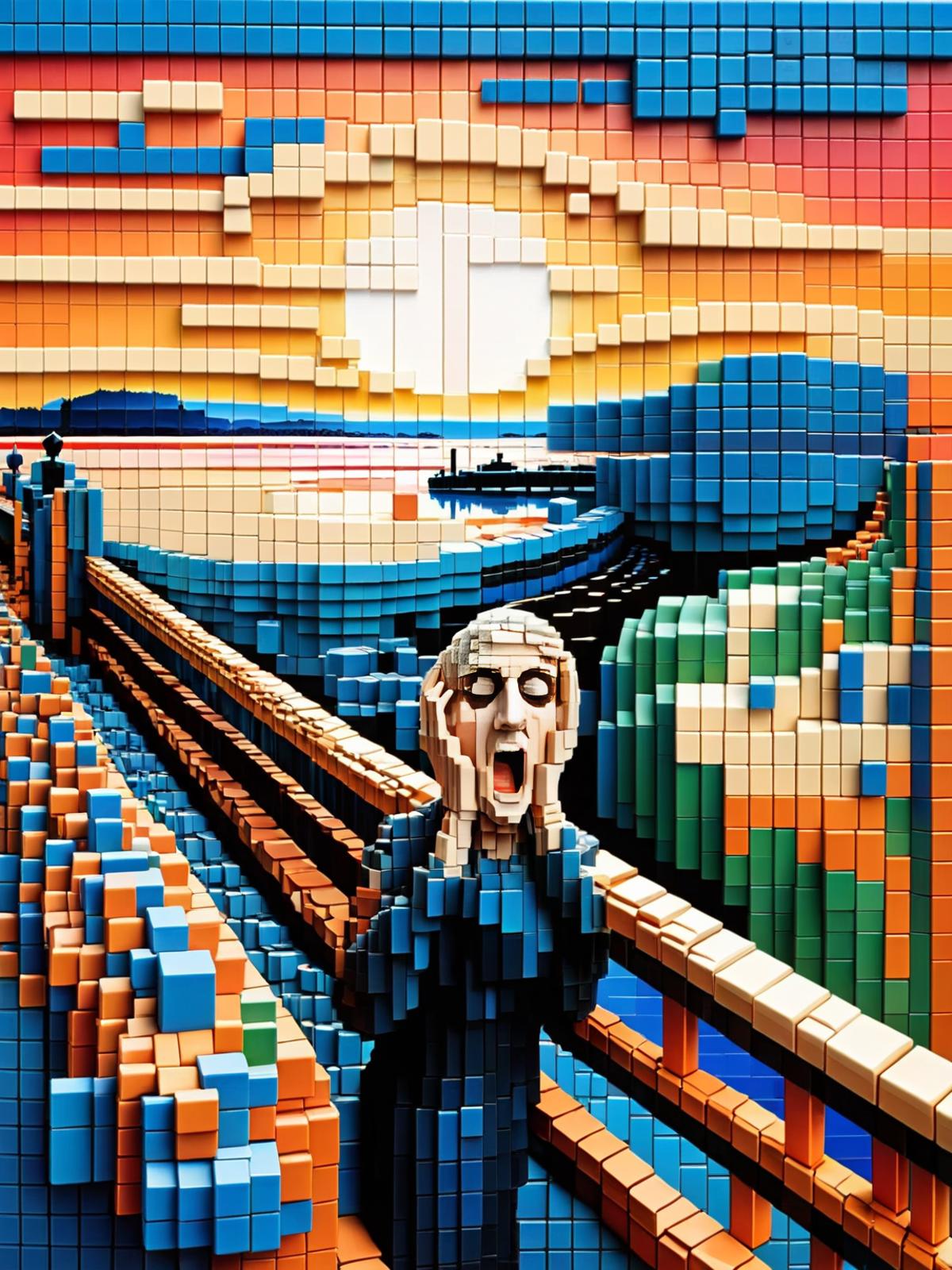 A LEGO sculpture of a person screaming at a painting of a sunset and water.