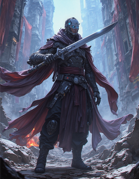 CYBER_CORE_UT full body Tibetan cyber monk in a dynamic anime-style sword-swinging pose. The monk has stylized cyborg facial features and detailed cybernetic enhancements, dressed in flowing futuristic monk robes. He wields an enormous oversized sci-fi sword with a very wide mechanical blade, glowing with energy. Around him lie stylized cyborgs corpses, destroyed and scattered dramatically. The background is a blend of traditional Tibetan mountains and monasteries with cyberpunk elements \u2014 neon-lit prayer flags, glowing circuitry on temple walls, hovering drones, and holographic haze. The entire scene is drawn in highly detailed anime-style, with vivid cel shading, sharp lines, Vibrant color palette, anime sci-fi fantasy concept art. ,stylized through an (anime/manga:2.65) aesthetic similar to works from (Makoto Shinkai:2.25), Ghost in the Shell, and Studio Trigger
 <lora:CYBER_CORE_UT:0.85>