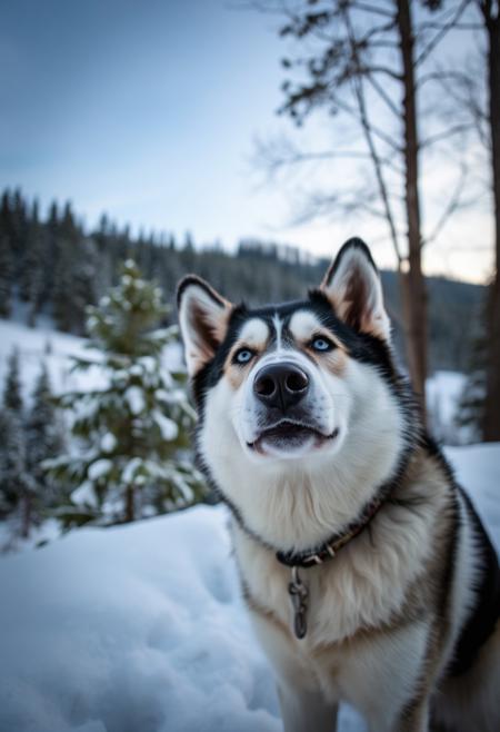 Husky the dog, snow landscape, trees