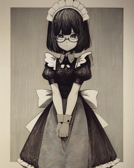 <lyco:epeulu-NAI-LyCORIS:0.9>, greyscale, monochrome,
1girl, solo, standing,  v_arms, glasses, bobcut, maid outfit, maid headdress, puffy short sleeves, detached collars, bow