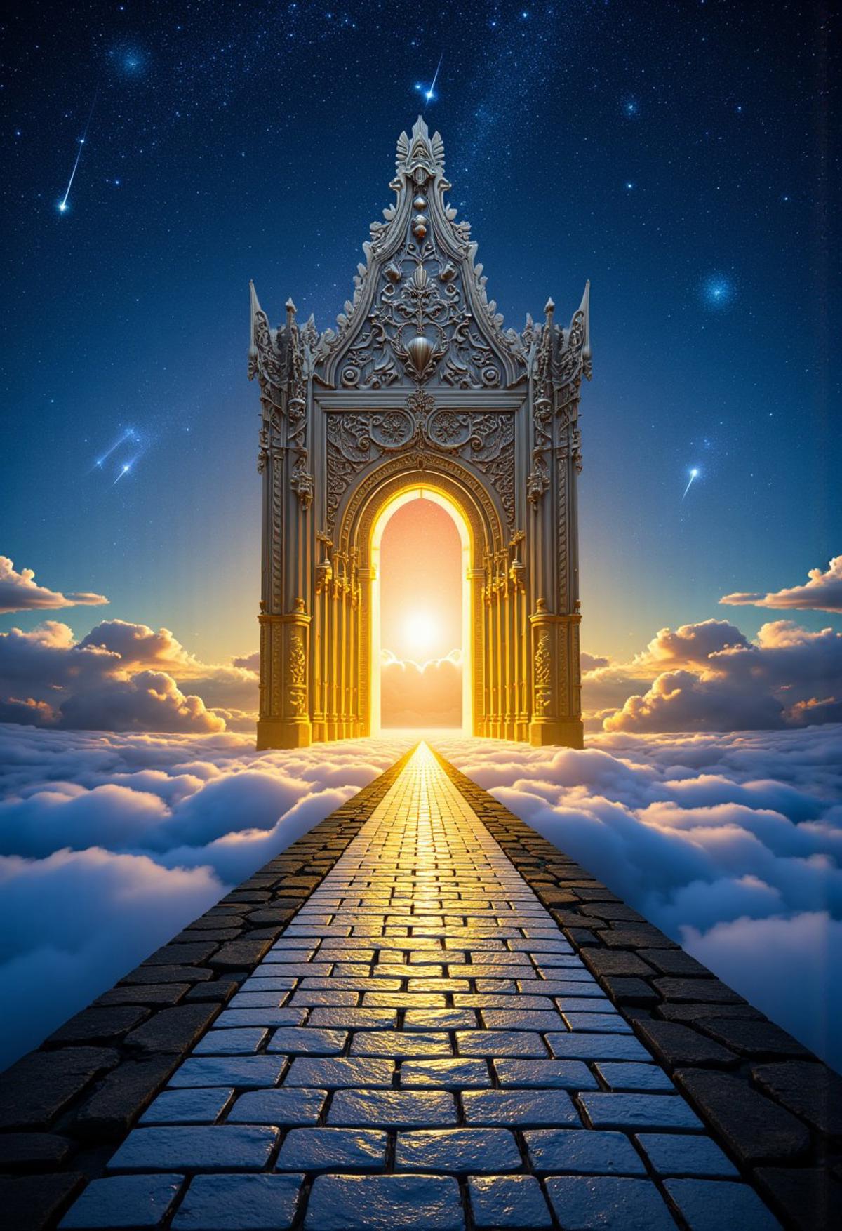 ((best quality:2)), ((masterpiece:2)), (detailed:2), ((High quality:2)),((high resolution:2))
place above the clouds, clouds on the floor, long cobblestone path that leads to a giant golden door with antique silver details, with endless bars on the sides, with a night sky full of stars, comets and the Orion's belt clearly visible