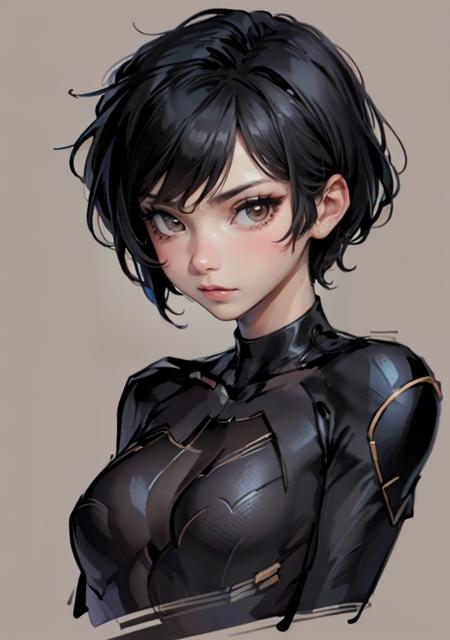 CassCain, cassandra cain, batgirl suit, 1girl,  black hair, brown eyes, looking at viewer, mask, short hair, simple background  <lora:CassandraCain-01:1>