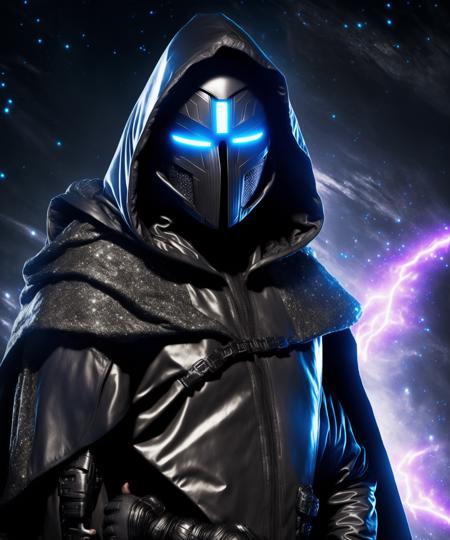 futuristic hooded rogue commando with futuristic silver mask and cape, glowing eyes, holding galaxy in hand, photorealistic, cinematic lighting, volumetric lighting, hypermaximalist