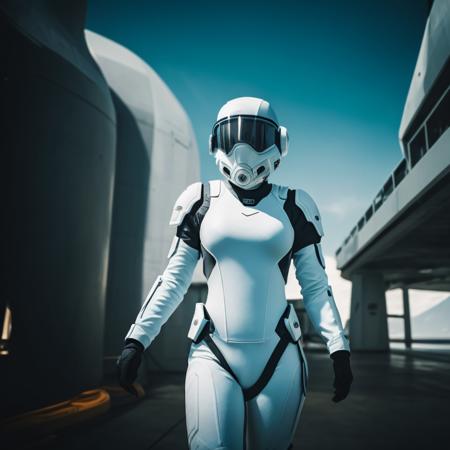 .<lora:rMadArt3_NoiseOffset:3>,  armed female figure in a white sci-fi suit (tight jumpsuit), at the spaceport, against the background of a sci-fi ship taking off, overcast, mask, sci-fi visor, sci-fi lens, sci-fi respirator, bald head, plate armor, isolated armor, third-person view from below, lots of fine detail, sci-fi movie style, photography, natural textures, natural light, natural blur, photorealism, cinematic rendering, ray tracing, highest quality, highest detail, Cinematic, Blur Effect, Long Exposure, 8K, Ultra-HD, Natural Lighting, Moody Lighting, Cinematic Lighting hyper-realistic,  vibrant,  8k, detailed, ultra detail,