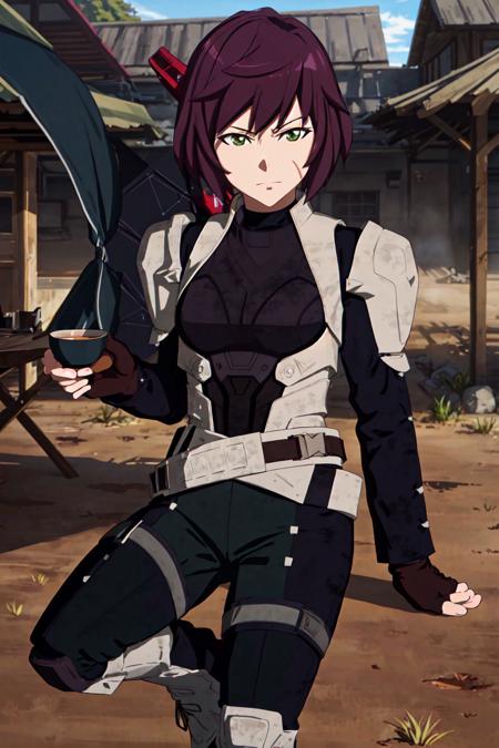 mei_pacific scar on face, purple hair, scar, green eyes, short hair, brown hair gloves, boots, belt, fingerless gloves, armor, bodysuit, armored boots, knee pads, 