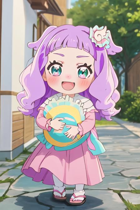 best quality, masterpiece, highres, solo, {eruchiyan_hirogaruskyprecure:1.15}, purple_hair, bangs, hair_ornament, green_eyes, blunt_bangs, open_mouth, blush, pink_hair, long_hair, multiple_girls, 2girls, hair_flower, chibi, japanese_clothes, smile, 1girl, headband, sandals, blue_eyes, holding, topknot, tree