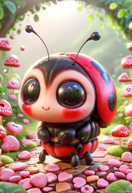 A hyper-realistic, small, and cute chibi-style insect character designed like a ladybug, the insect has exaggerated large eyes <lora:ral-smolinzect:1> ral-smolinzect, x made from candyhearts, text, cute x made from candyhearts, text, ral-smolinzect