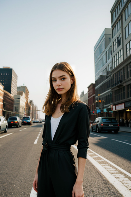 KristineFroseth, 1girl, (masterpiece, best quality, extremely detailed, perfect body, perfect face:1.2), modelshoot, pose, street photography, busy Manhattan street corner, serious look, sexy, black jumpsuit, spaghetti straps, ponytail, high heels, August, heat, sweat, sunset, golden hour, pastel sky, dusk,