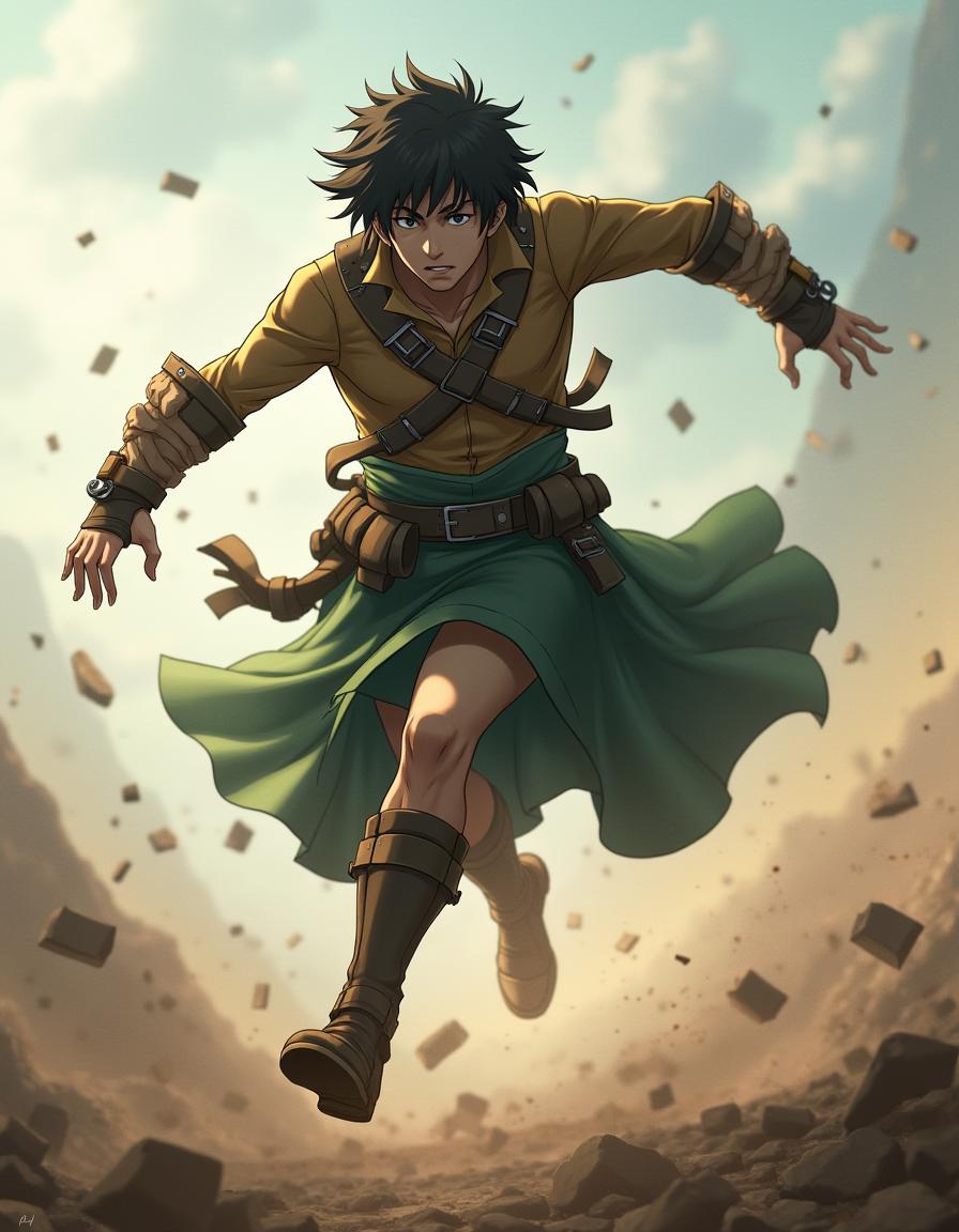 Eren Yeager in mid-air, charging through a battlefield while wearing a dark green kilt over his gear. Debris and dust swirl around him, and a titan looms in the distance. The kilt flutters as Erenâs ODM gear glows in motion.