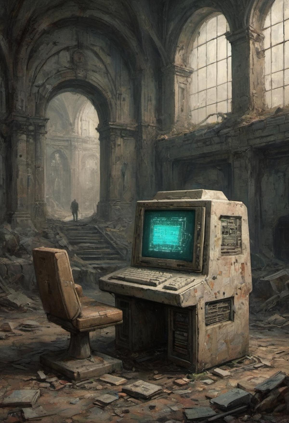 A vintage computer monitor sitting in an old, dilapidated room.