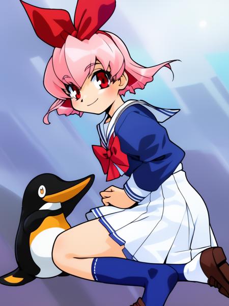 <lora:Takane_Momo:0.9>ãmomo, 1girl, red eyes, penguin, bird, school uniform, solo, socks, kneeling, bow, smile,  ribbon, blue_sky,
masterpiece, high quality, very_high_resolution, large_filesize, full color,