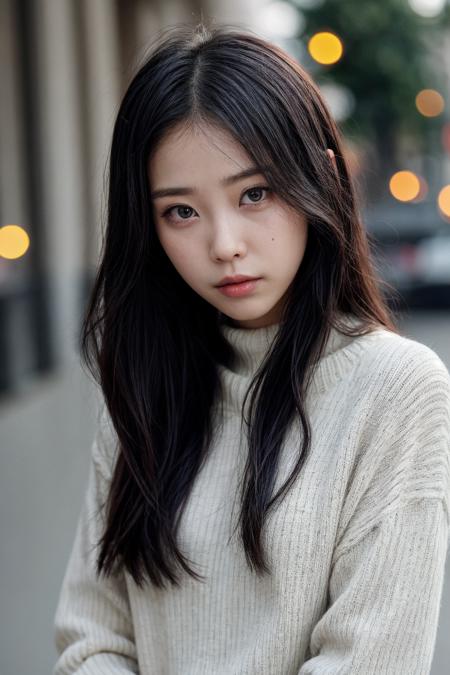 4rKXw,one pretty asian girl,solo,black hair,long hair,black eyes,parted lips,sweater,(looking at viewer),bokeh,upper body,looking at viewer,film grain,cowboy shot,epiCPhoto,<lora:pytorch_lora_weights:0.5>,<lora:breastsizeslideroffset:-0.3>,<lora:picxer_real:0.7>,<lora:more_details:0.6>,<lora:IU_V1:1>,