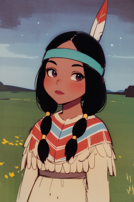 masterpiece, best quality, 1girl, tlily, black hair, twintails, feather hair ornament, headband, dark skin, dress, native american, upper body, sketch, looking at viewer, night, meadow background  <lora:TigerLily:1>