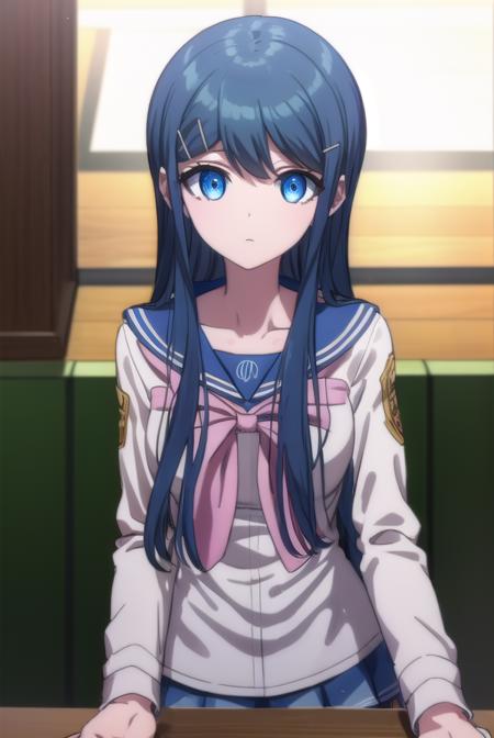 sayakamaizono, <lora:sayaka maizono s1-lora-nochekaiser:1>,
sayaka maizono, long hair, bangs, blue eyes, hair ornament, blue hair, hairclip,
BREAK long sleeves, bow, school uniform, collarbone, serafuku, bowtie, sailor collar, pink bow,
BREAK indoors, classroom,
BREAK looking at viewer, (cowboy shot:1.5),
BREAK <lyco:GoodHands-beta2:1>, (masterpiece:1.2), best quality, high resolution, unity 8k wallpaper, (illustration:0.8), (beautiful detailed eyes:1.6), extremely detailed face, perfect lighting, extremely detailed CG, (perfect hands, perfect anatomy),