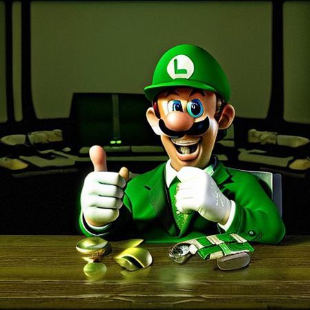 RAW photo, 8k uhd, dslr, soft lighting, high quality, film grain, Fujifilm XT3, Masterpiece, photorealistic, Luigi, smiling, grill teeth, gangstersb, at a desk, abandoned hospital, money, holding, holding money, thumbs up, green cap with a large “L”, suit, jewelry, necktie,