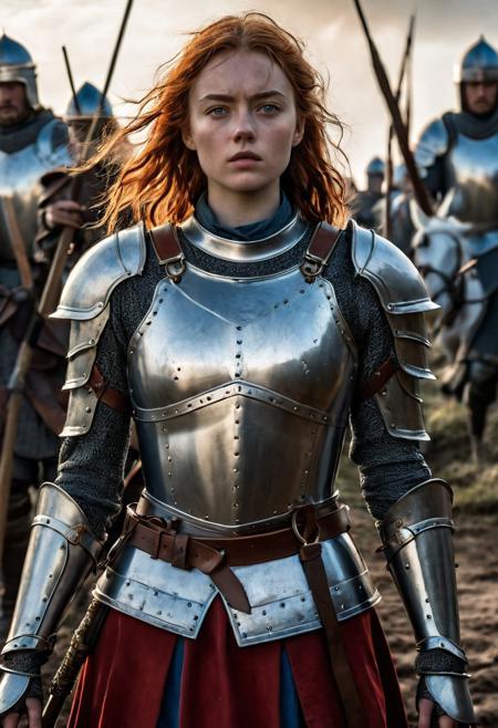 High resolution ultra-realistic of Beautiful Warrior Sadie Sink as Joan of Arc, 8k, capturing the intensity of the moment, cinematic lighting, standing on a bloody and stormy battlefield in bloody battle, wavy red hair, realistic dirty pale face, realistic blue eyes,  beautiful hourglass figure, burning in a medieval Town, intricately designed iron and silver armor, red mini skirt, Dark Ages Aesthetic, perfect athletic figure, beautiful Warrior Joan of Arc, fire, ultra realistic, cinematic style, vigorous and seductive, athletic figure, dark fantasy, dramatic lighting, wet and sweaty skin, dirty skin, athletic figure, dark fantasy, dramatic lighting, Greg Rutkowski style,, Warrior Joan of Arc on in iron armor, hyper-detailed, hyper-realistic, bright colours, Attractive 21 old years girl, Attractive, beautiful firm Breasts, sharp focus, digital painting, Photograph Taken on Nikon D750, Alphonse Mucha, 8K, athletic figure, Hyperdetailed, hyperrealism, Attractive, Attractive bust girl, asymmetric balance