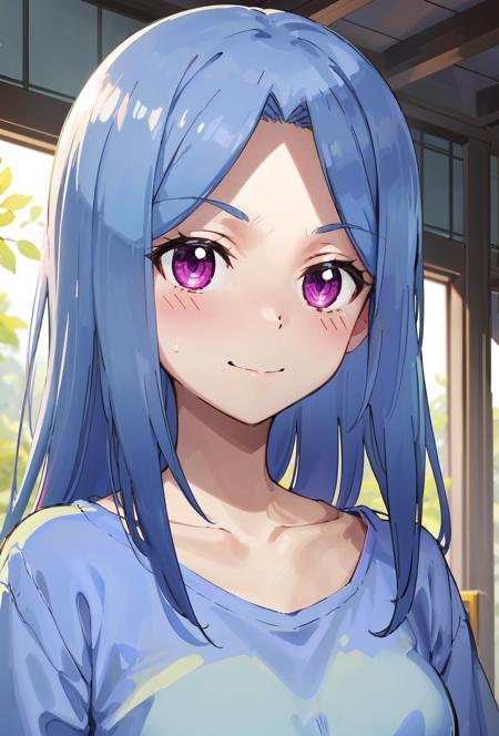 1girl, aya, solo, happy, closed mouth, shirt blue, <lora:aya-000002:0.85>