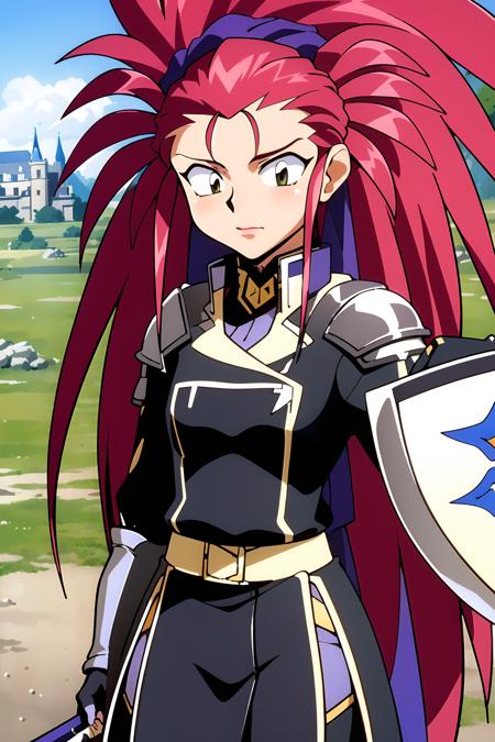 masterpiece, best quality, highly detailed, 1girl, hakubi washuu, warrior, castle, sword, shield, heavy armor, metal plate, gold trim, fur collar, royal crest, ribbons, very long hair, spiked hair, red hair, best quality